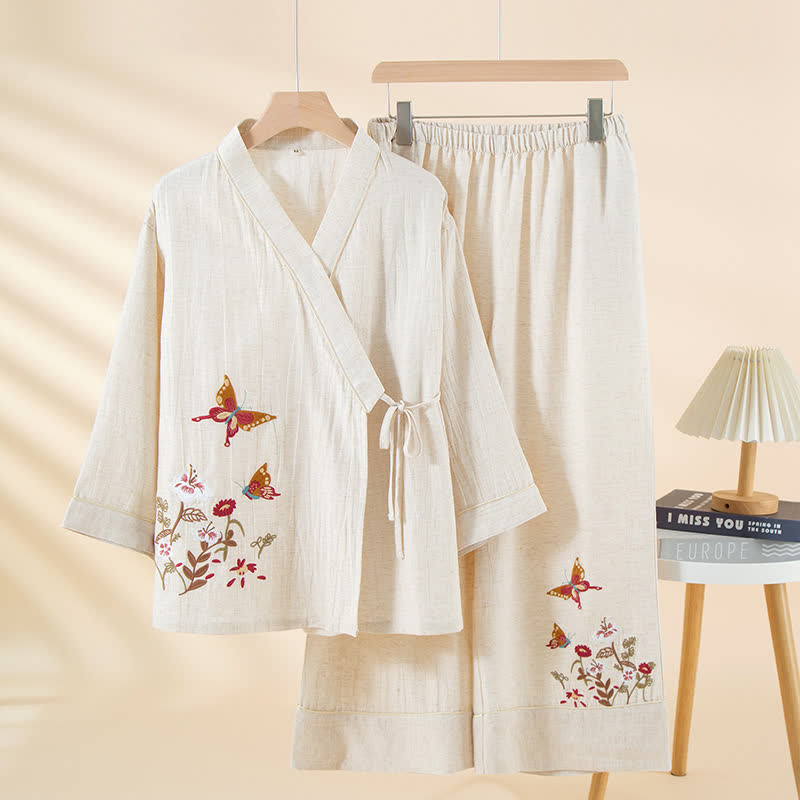 Ownkoti Butterfly Floral Embroidered Kimono Loungewear Set - White - XL - image 3