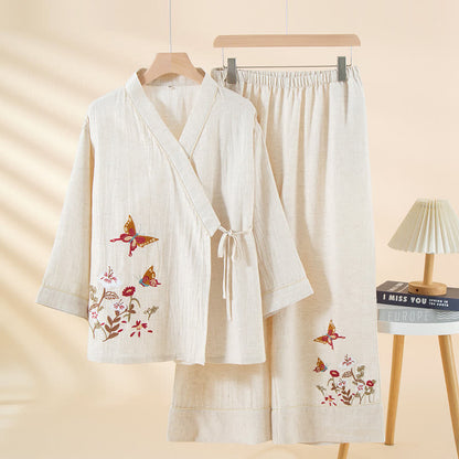 Ownkoti Butterfly Floral Embroidered Kimono Loungewear Set - White - XL - image 3