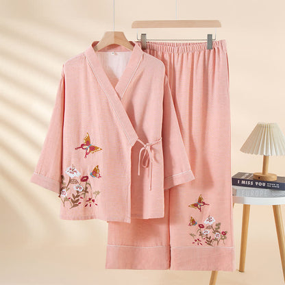 Ownkoti Butterfly Floral Embroidered Kimono Loungewear Set - Pink - XL - image 1