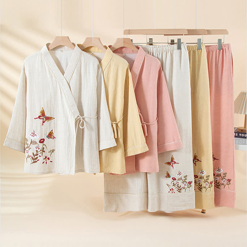 Butterfly Floral Embroidered Kimono Loungewear Set - image 1