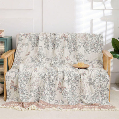 Pastel Floral Cotton Gauze Tassel Quilt - image 6