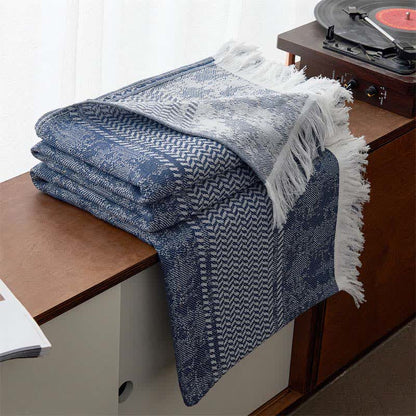 Modern Jacquard Reversible Cotton Tassel Quilt - Dark Blue - Queen - image 7