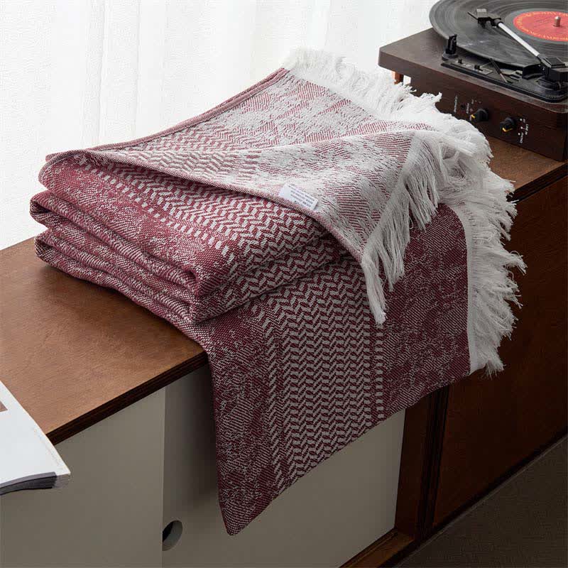 Modern Jacquard Reversible Cotton Tassel Quilt - Wine - Queen - image 2