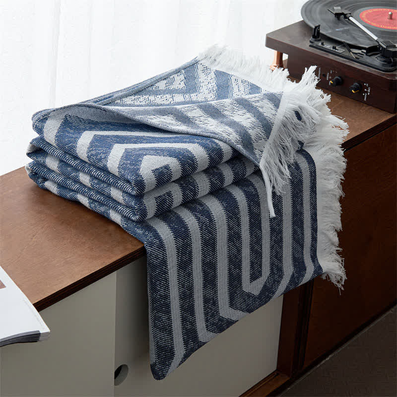 Plaid Jacquard Reversible Cotton Tassel Quilt - Dark Blue - Queen - image 5