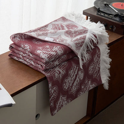 Retro Pattern Reversible Cotton Tassel Quilt - Wine - Queen - image 4