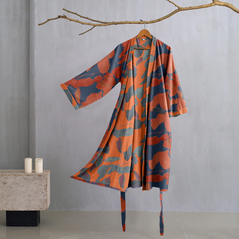 Botanical Leaf Cotton Gauze Kimono Robe - Purple - L - image 1