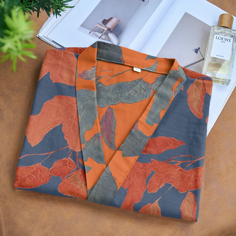 Botanical Leaf Cotton Gauze Kimono Robe - image 4