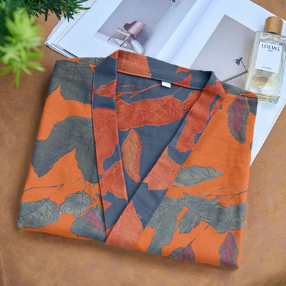 Botanical Leaf Cotton Gauze Kimono Robe - image 10