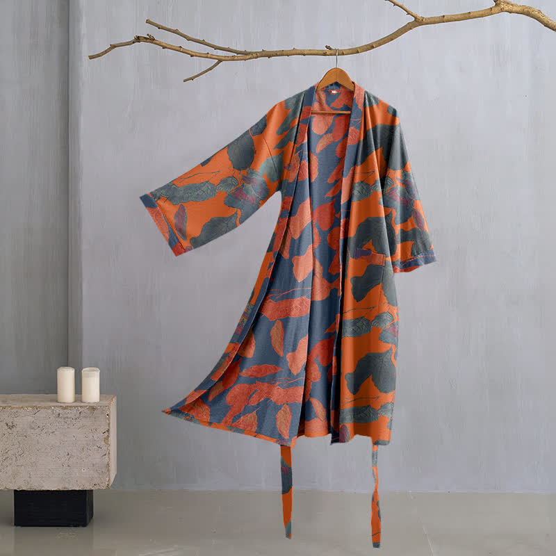 Botanical Leaf Cotton Gauze Kimono Robe - Orange - L - image 8