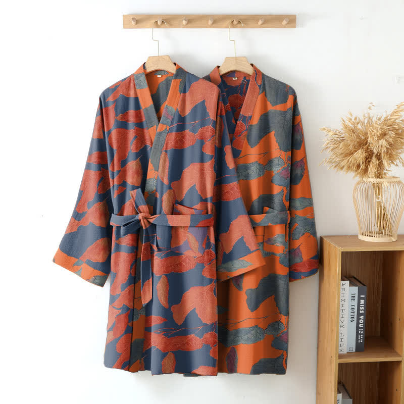 Botanical Leaf Cotton Gauze Kimono Robe - image 2