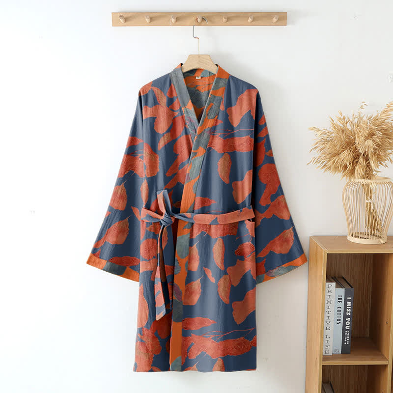 Botanical Leaf Cotton Gauze Kimono Robe - image 3