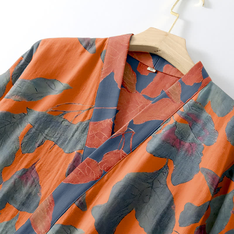 Botanical Leaf Cotton Gauze Kimono Robe - image 11