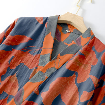Botanical Leaf Cotton Gauze Kimono Robe - image 5