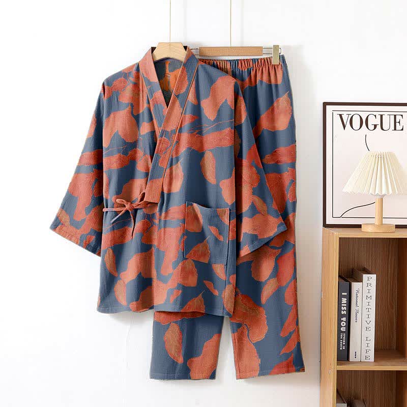 Ownkoti Botanical Leaf Cotton Kimono Loungewear Set - Purple - XL - image 1