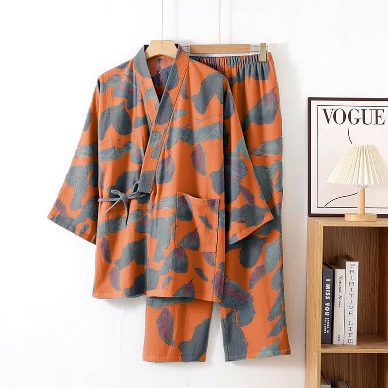 Botanical Leaf Cotton Kimono Loungewear Set - Orange - XL - image 5