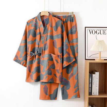 Botanical Leaf Cotton Kimono Loungewear Set - Orange - XL - image 5