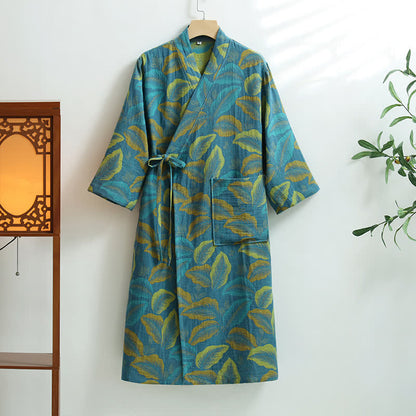 Tropical Leave Cotton Gauze Pocket Bathrobe - XL - image 1