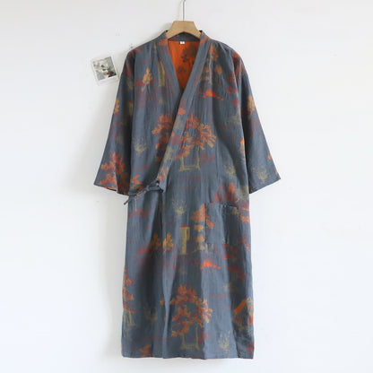 Unisex Landscape Cotton Gauze Bathrobe - Dark Blue - XL - image 12