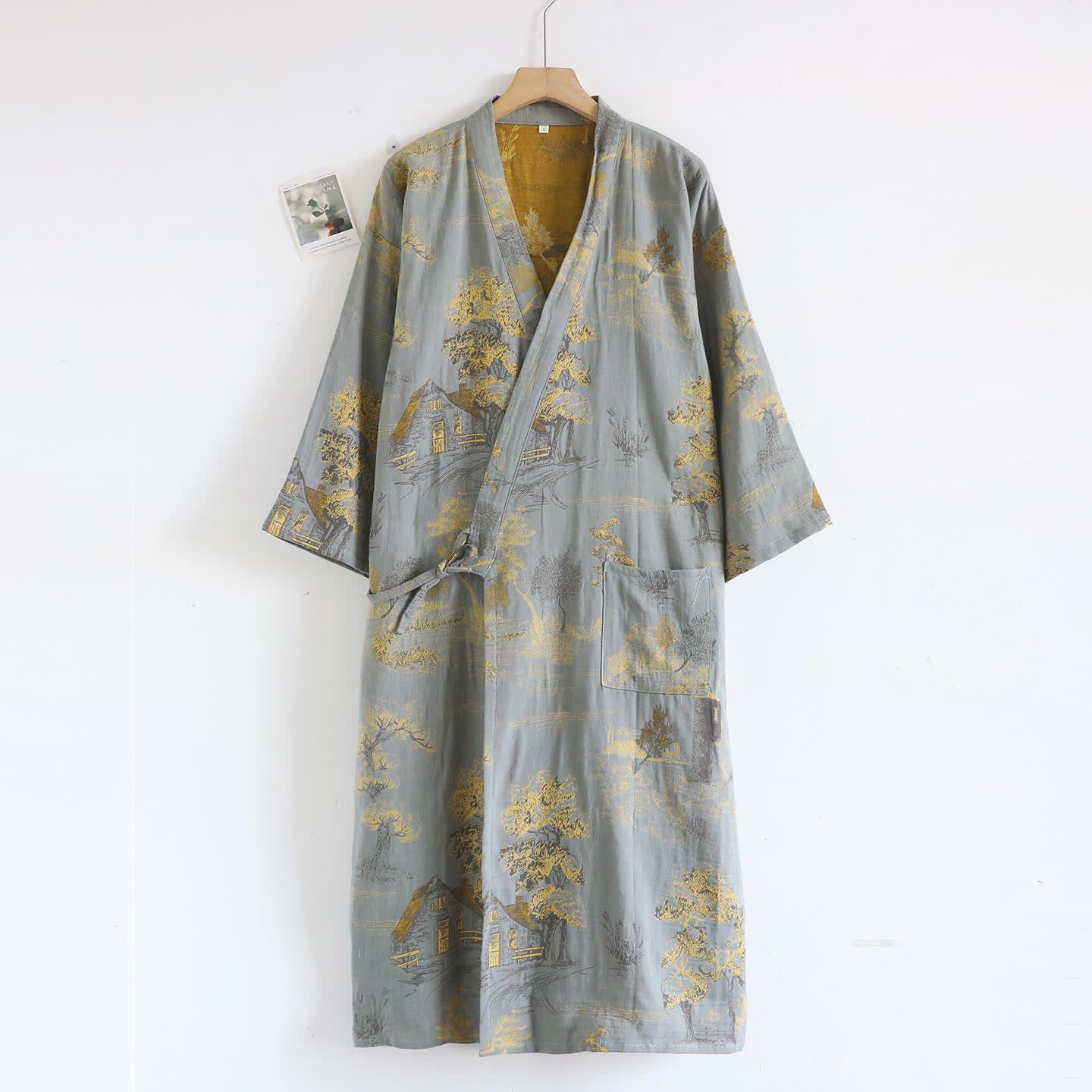 Unisex Landscape Cotton Gauze Bathrobe - Light Gray - XL - image 1