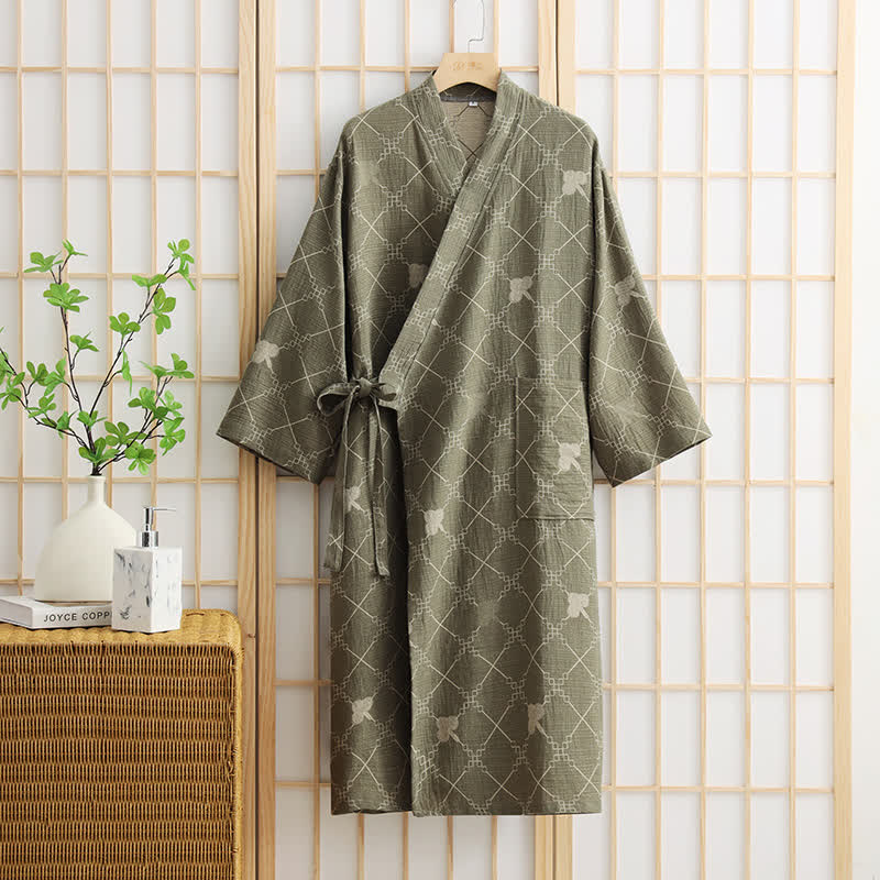 Unisex Diamond Plaid Cotton Pocket Bathrobe - Green - XL - image 2