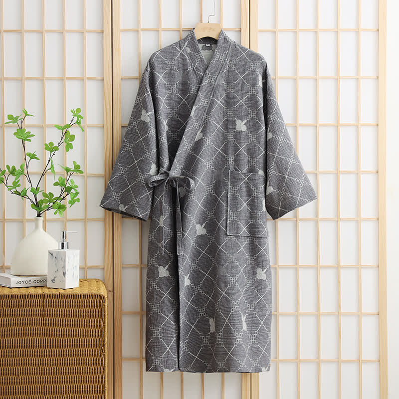 Unisex Diamond Plaid Cotton Pocket Bathrobe - Grey - XL - image 1