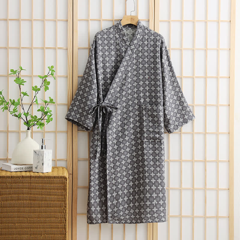 Unisex Geometric Pattern Cotton Pocket Bathrobe - Grey - XL - image 6
