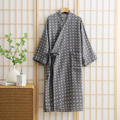 Unisex Geometric Pattern Cotton Pocket Bathrobe - Grey - XL - image 6
