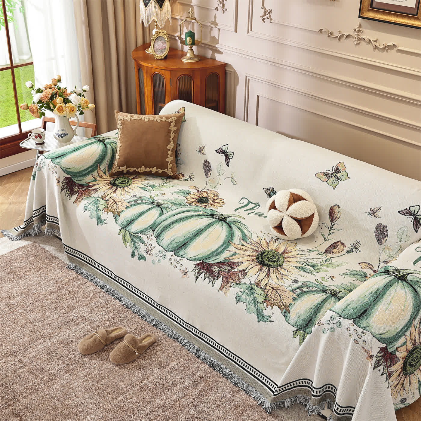 Pumpkin Sunflower Chenille Sofa Throw Blanket - 71" x 134" - image 1