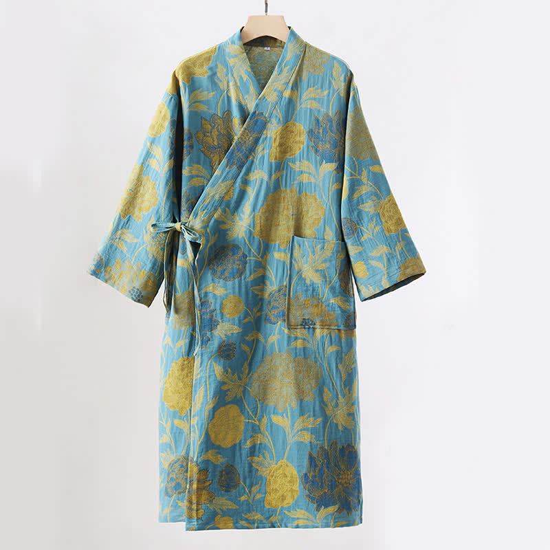 Green Peony Cotton Gauze Bathrobe - image 3