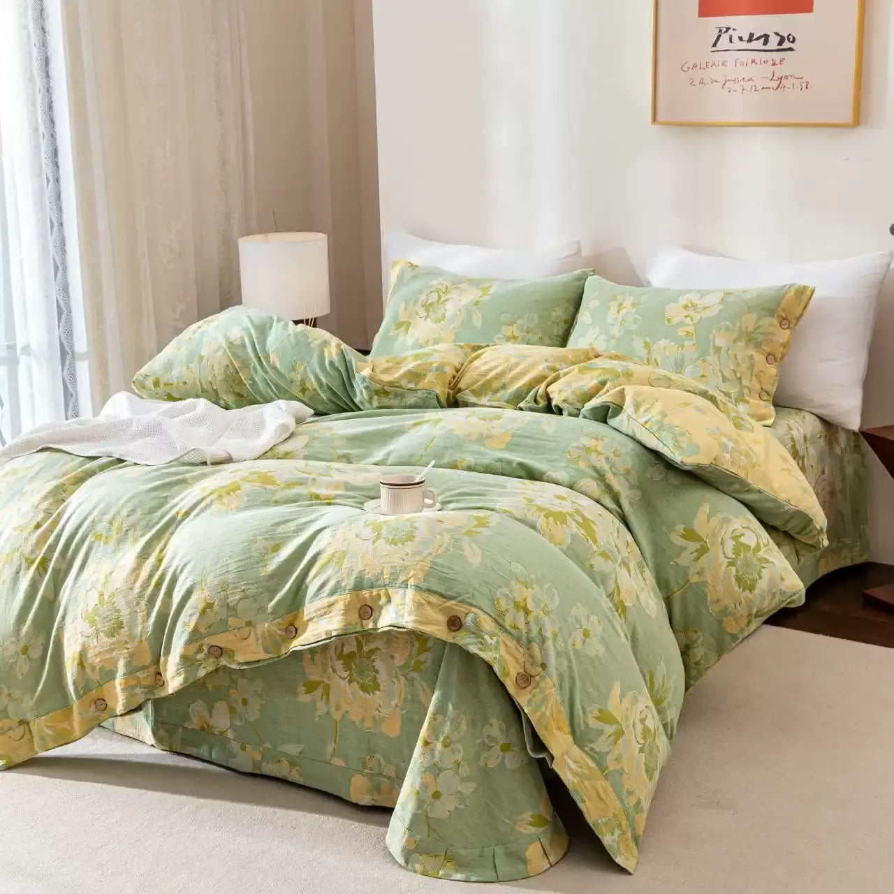 Reversible Floral Cotton Gauze Button Bedding Set (4PCS) - image 10