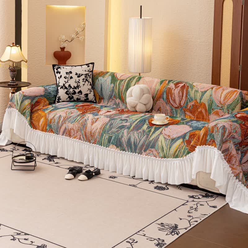 Oil Painting Ruffled Sofa Throw Blanket - 79" x 134" - image 1