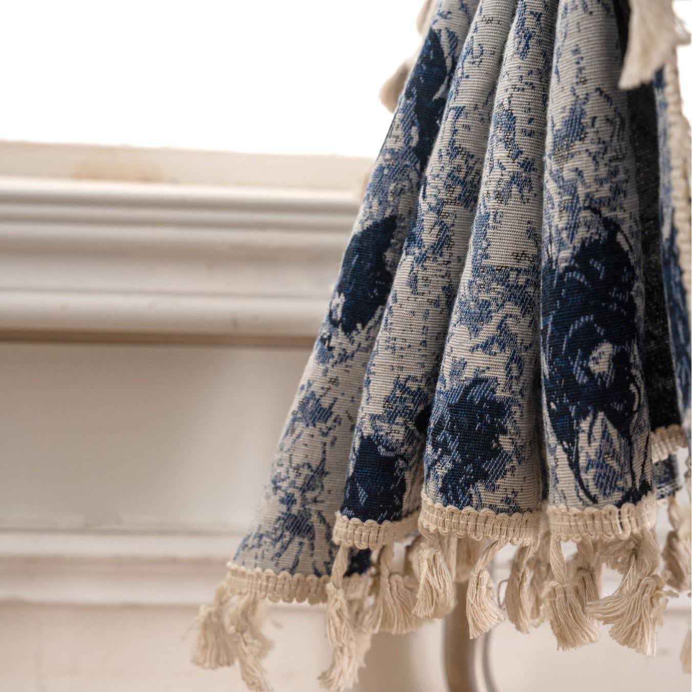 Blue Abstract Jacquard Tassel Curtains - image 5