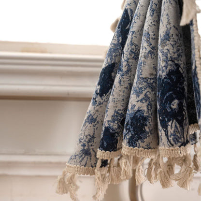 Blue Abstract Jacquard Tassel Curtains - image 5