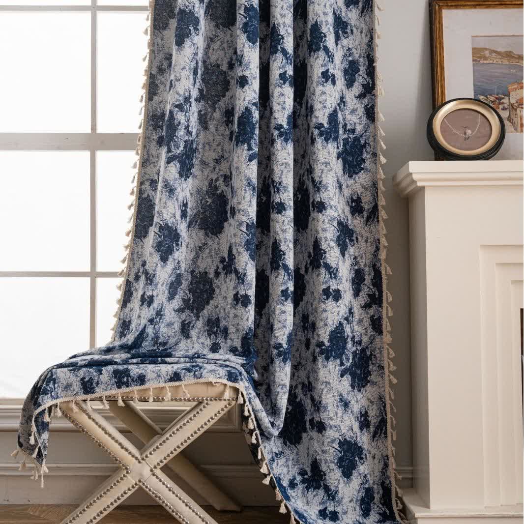 Blue Abstract Jacquard Tassel Curtains - image 3