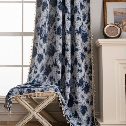 Blue Abstract Jacquard Tassel Curtains - image 3