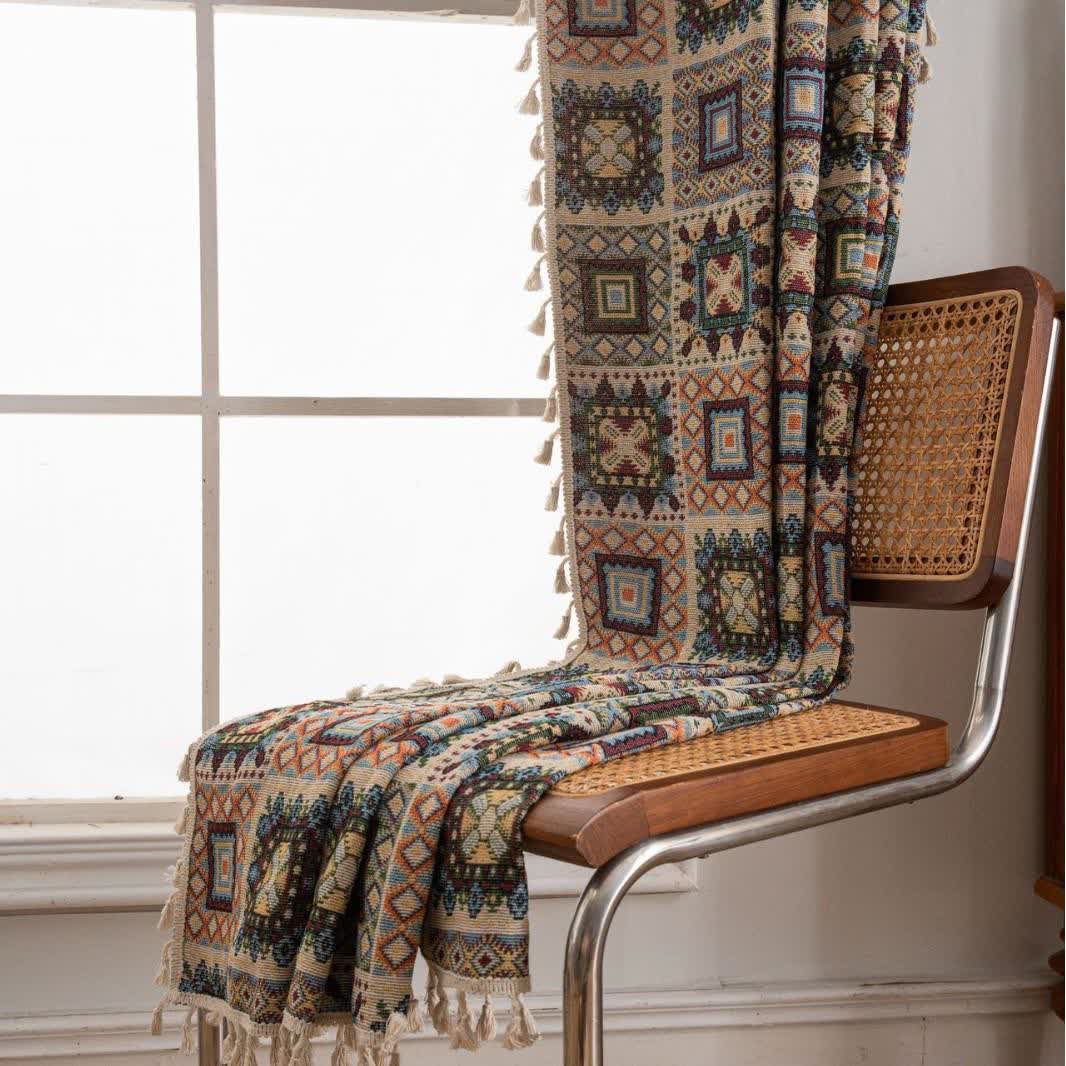 Retro Geometric Square Jacquard Curtain - image 5