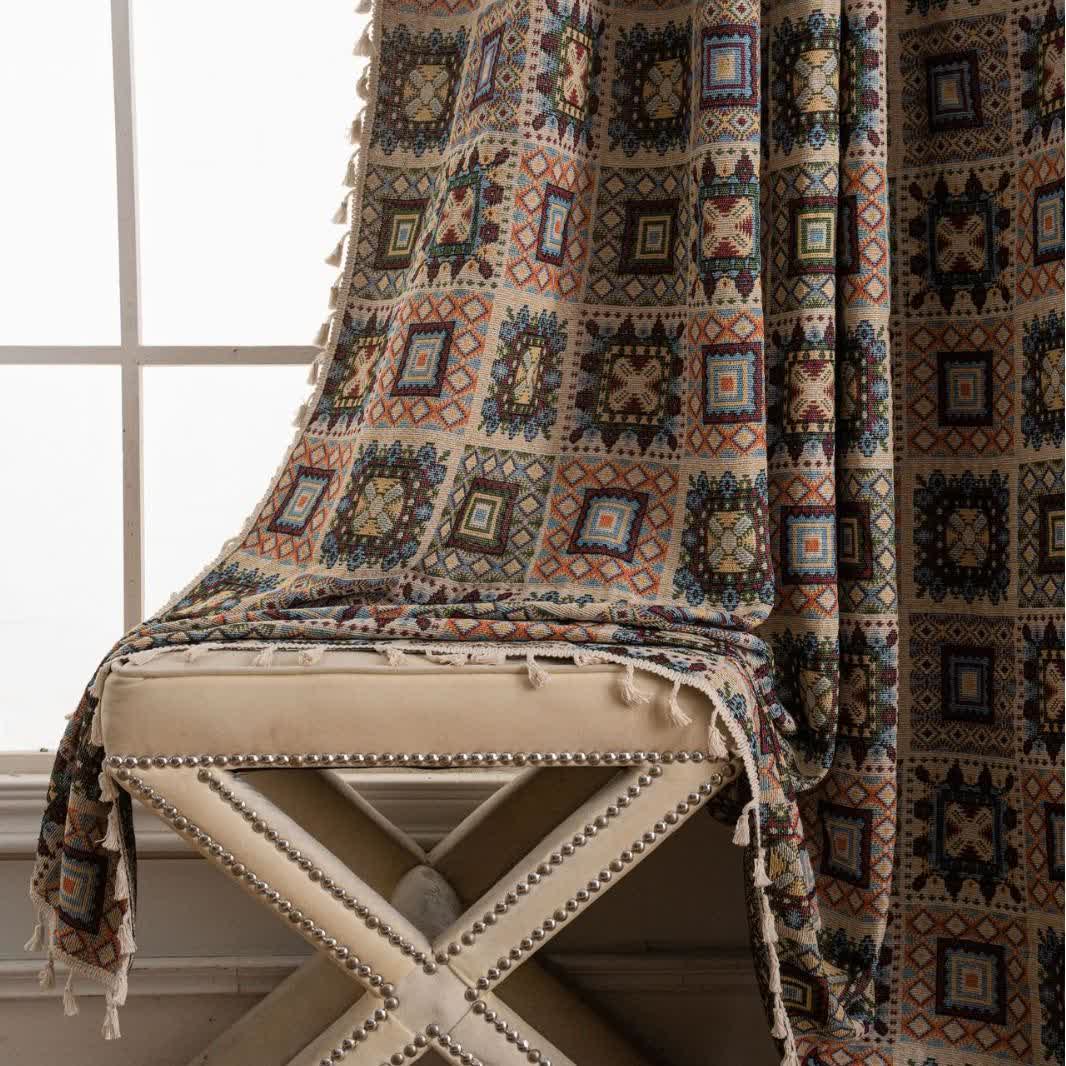 Retro Geometric Square Jacquard Curtain - image 4