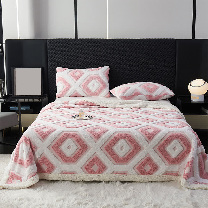 Geometric Pattern Jacquard Sherpa Blanket - Pink - Queen - image 10