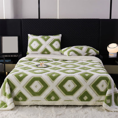 Geometric Pattern Jacquard Sherpa Blanket - Green - Queen - image 1