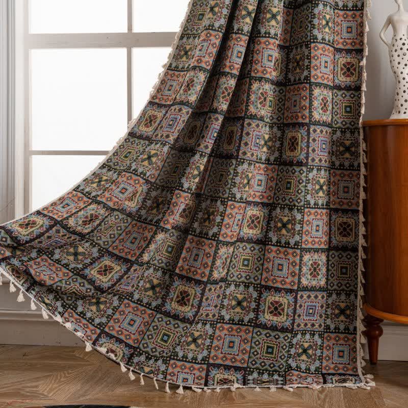 Retro Geometric Square Jacquard Curtain - Rod Pocket - Black - 59" x 102" - image 8