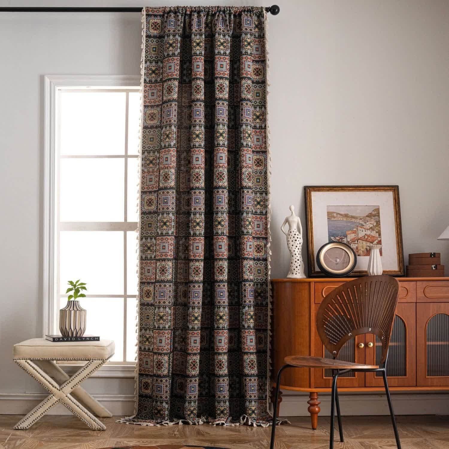 Retro Geometric Square Jacquard Curtain - image 9