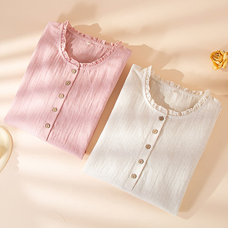 Simple Ruffled Cotton Linen Button Nightgown - image 1