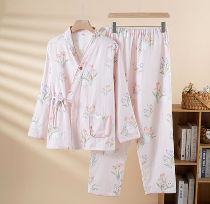 Cotton Gauze Floral Cat Kimono Pajamas - Pink - 2XL - image 2