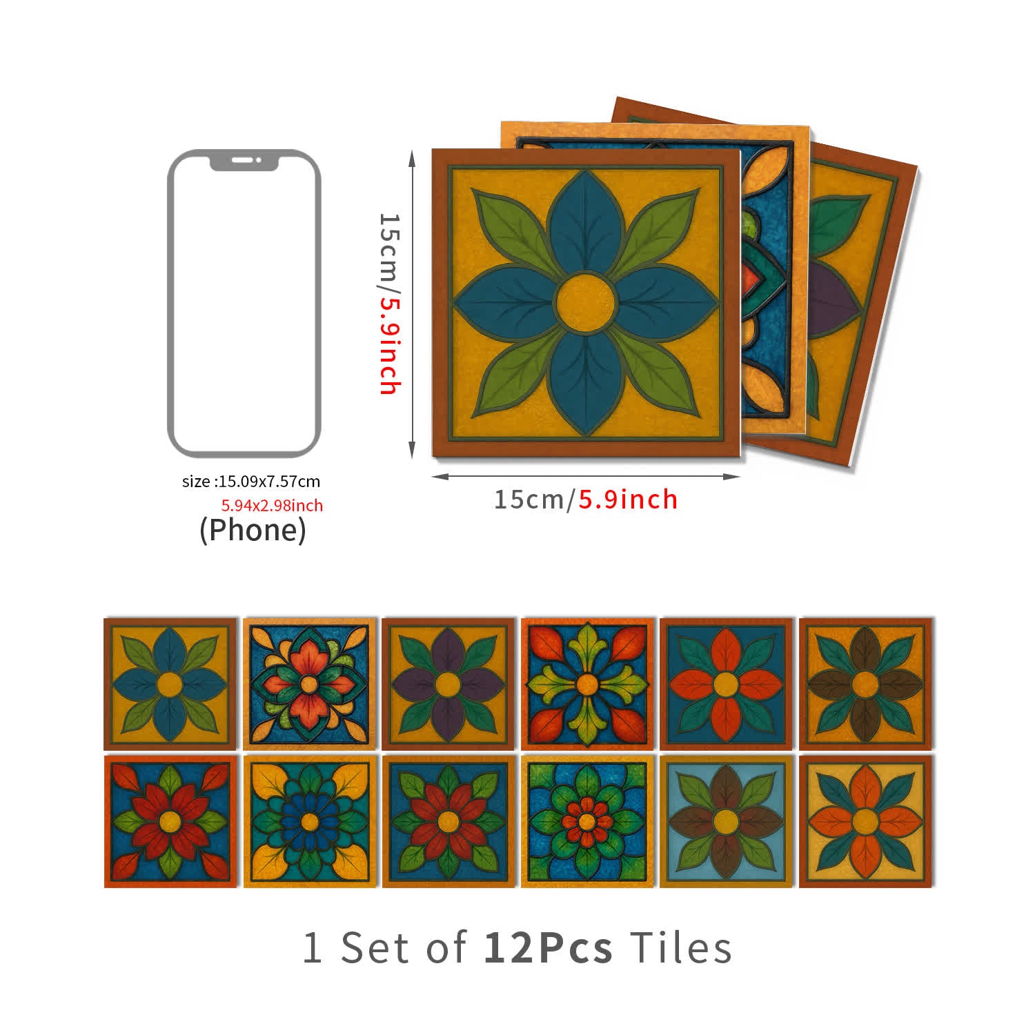 PET Foam Colorful Floral Tile Wall Decals - 12PCS - 6" x 6" - image 9