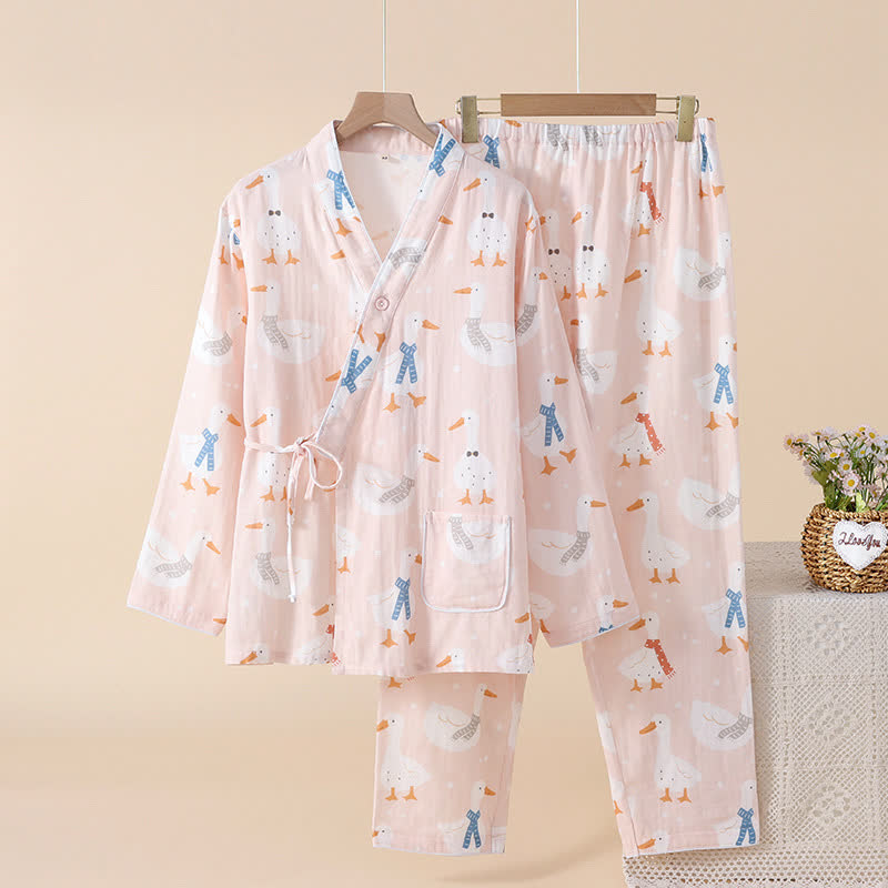 Cotton Gauze Cartoon Goose Kimono Pajamas - Pink - 2XL - image 2