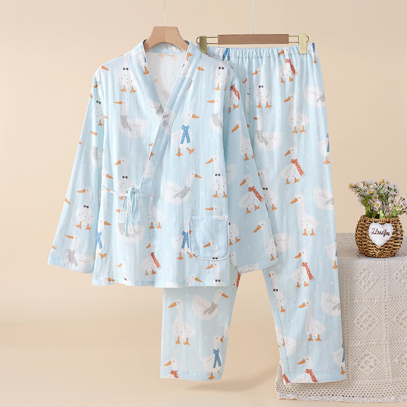 Cotton Gauze Cartoon Goose Kimono Pajamas - Blue - 2XL - image 3