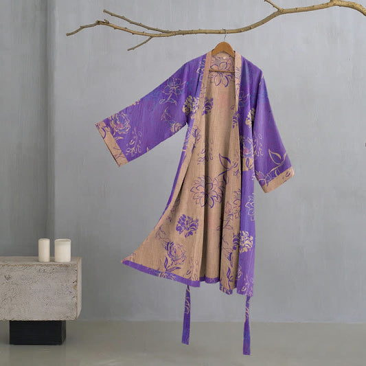 Ownkoti Two-Tone Peony Cotton Gauze Kimono Robe - Purple - XL - image 0