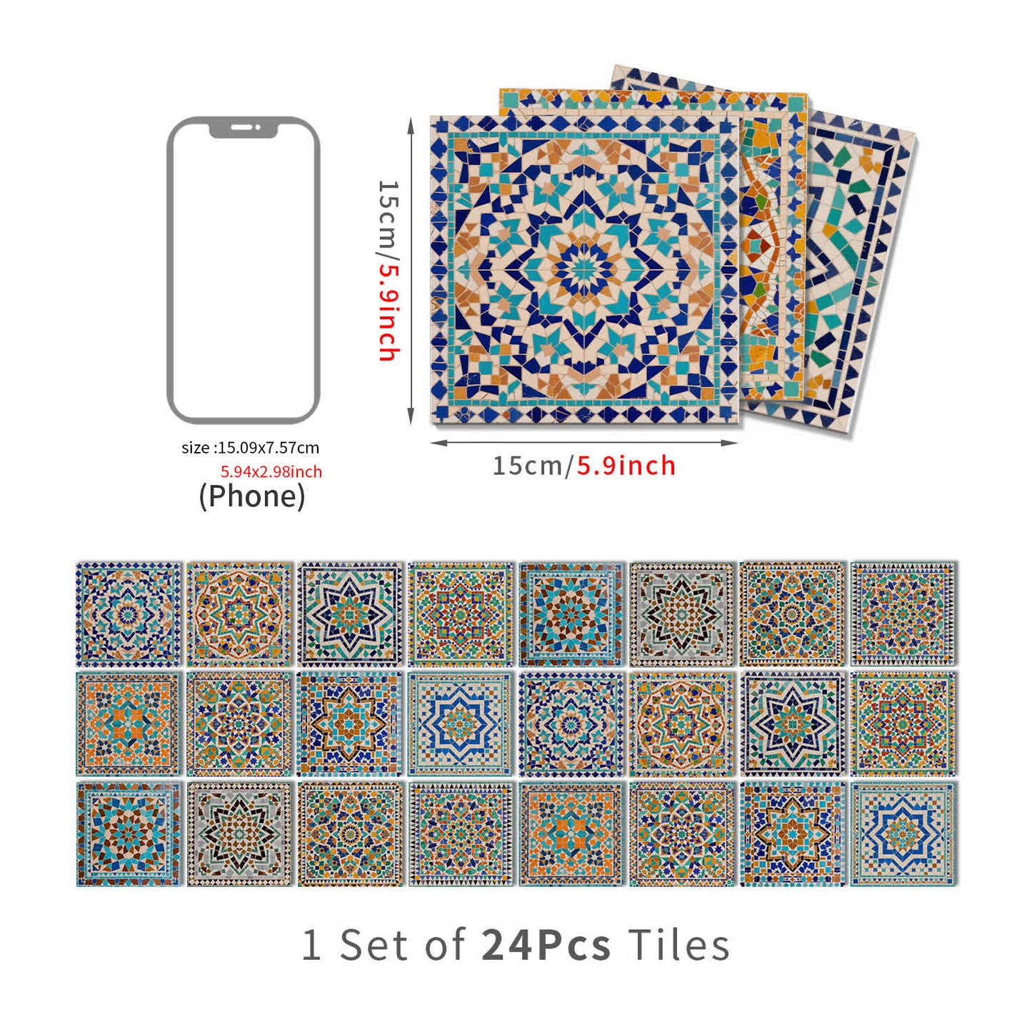PET Foam Moroccan Mosaic Tile Wall Decals - 24PCS - 6" x 6" - image 8