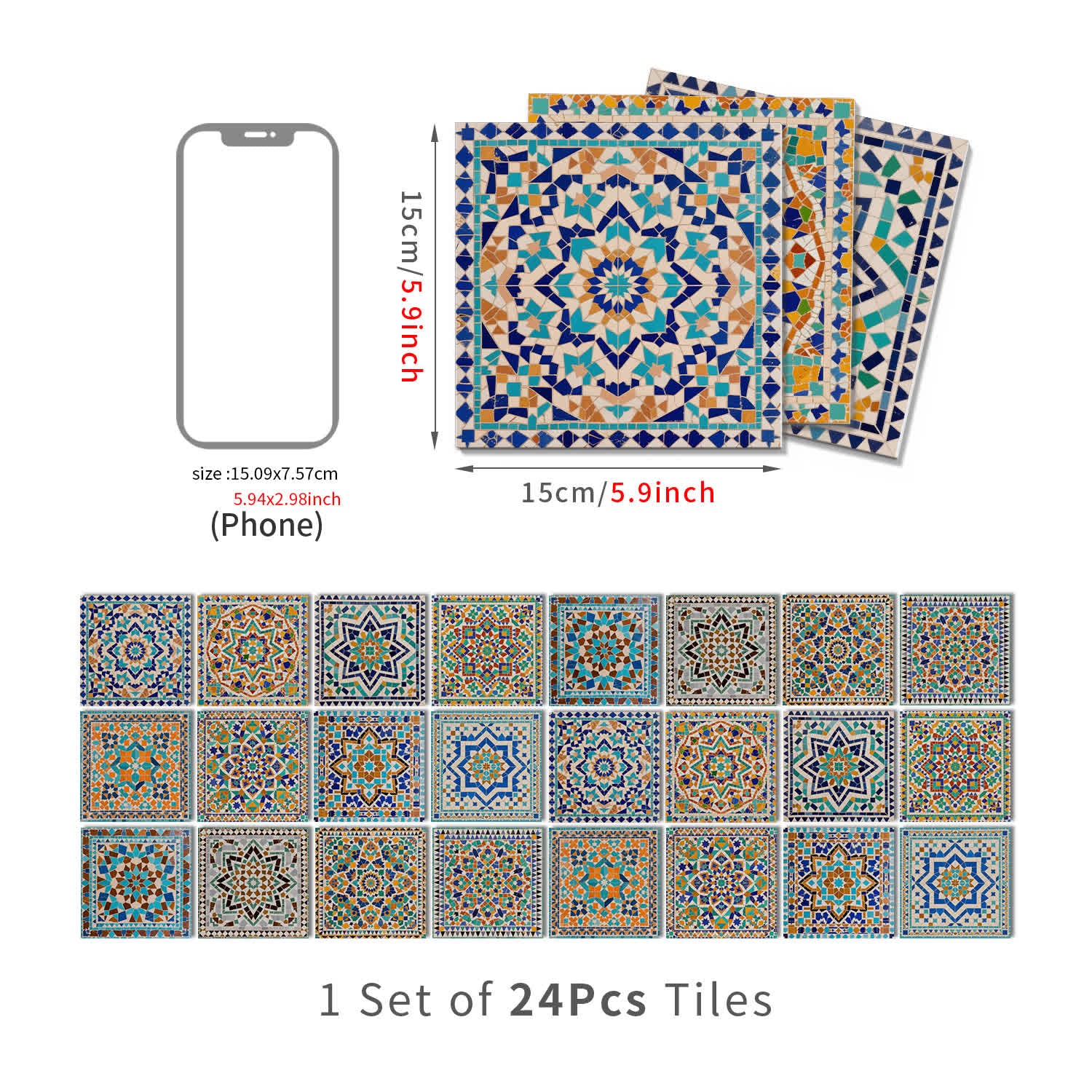 PET Foam Moroccan Mosaic Tile Wall Decals - 24PCS - 6" x 6" - image 8