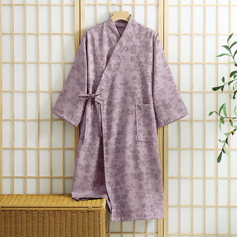 Subtle Floral Kimono Robe with Pocket - Purple - XL - image 10